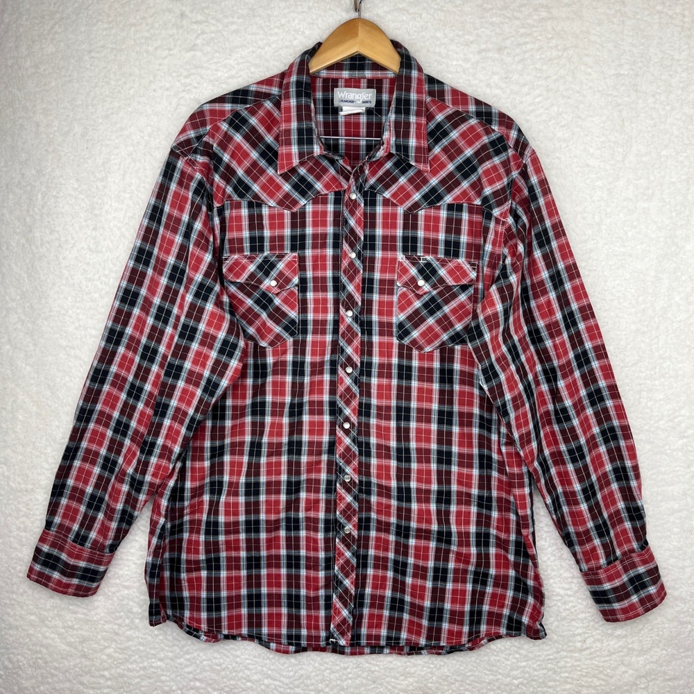 Wrangler Wrancher Shirt Mens 2XL Red Excellent Plaid Western Pearl Snap MTW1299